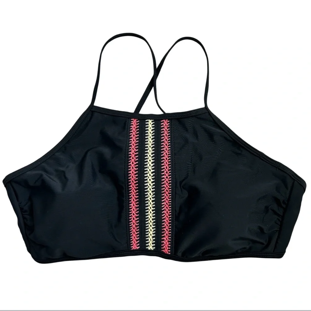 TRUE CRAFT Women’s Halter Bikini Top Black Red/Yellow Boho Embroidery Detail‎ L